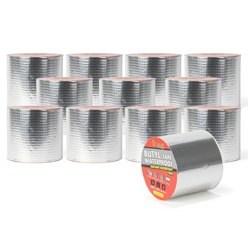 TAPEBEAR 12 Rollen Wasserdichtes Butylband 100mmx5m, Wasserdichtes Starkes Selbstklebendes DichtungsbäNder, Silber Aluminium Klebeband Zur Reparatur Für Dachleckage, Oberflächenriss, Fensterbankspalt von TAPEBEAR