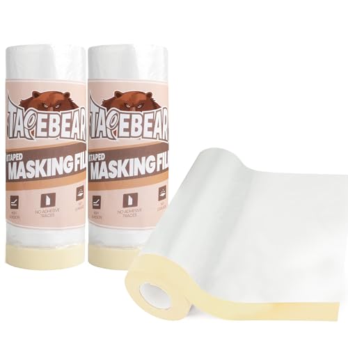 TAPEBEAR Abdeckfolie mit Klebeband 3 Rollen, Abdeckfolie Maler 1400mm x 27m Plastikfolie, Selbstklebende Malerband Mit Abdeckfolie Zum Schutz Von MöBeln, Staubschutz von TAPEBEAR