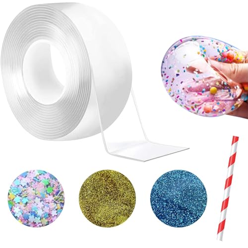 TAPEBEAR Nano Tape Bubbles, Nano-Tape-Blasen, DIY Bubble Tape For Making Bubbles, Nano Doppelseitig Klebeband mit 1 Strohhalmen und 3 Packungen Glitzer, 5cmx3mx0.1cm von TAPEBEAR