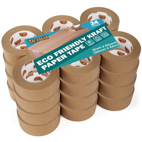 TAPEBEAR Umweltgerechtes Kraftpapier Klebeband, Abbaubar Papier Klebeband Verpackungsband, Recycelbar Braun Papier Packband, 2inch x 60yard, 24Rollen von TAPEBEAR