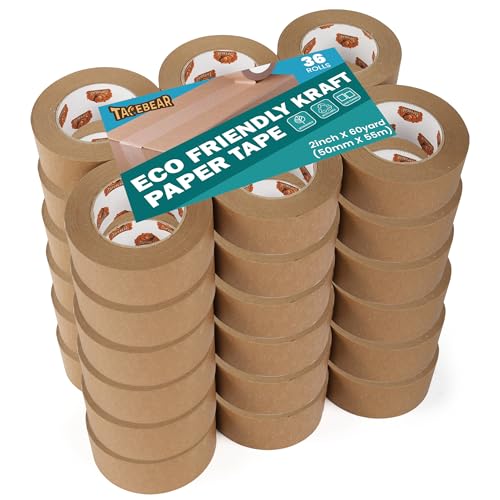 TAPEBEAR Umweltgerechtes Kraftpapier Klebeband, Abbaubar Papier Klebeband Verpackungsband, Recycelbar Braun Papier Packband, 2inch x 60yard, 36Rollen von TAPEBEAR