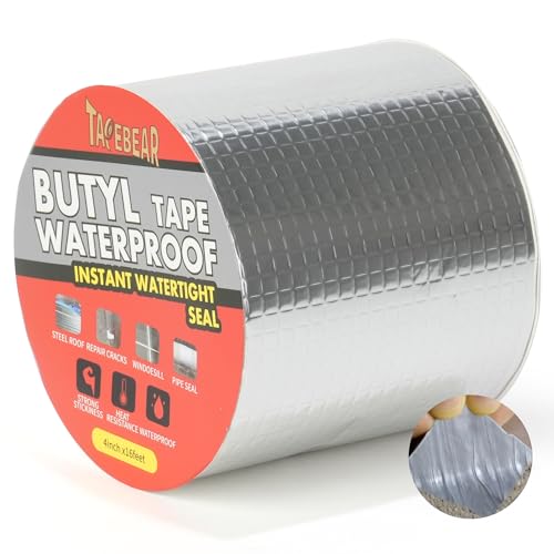 TAPEBEAR Wasserdichtes Butylband 100mmx5m, Wasserdichtes Starkes Selbstklebendes DichtungsbäNder, Silber Aluminium Klebeband Zur Reparatur Für Dachleckage, Oberflächenriss, Fensterbankspalt, Rohrbruch von TAPEBEAR