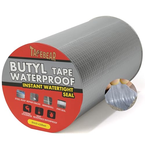 TAPEBEAR Wasserdichtes Butylband 200mmx5m, Wasserdichtes Starkes Selbstklebendes DichtungsbäNder, Silber Aluminium Klebeband Zur Reparatur Für Dachleckage, Oberflächenriss, Fensterbankspalt, Rohrbruch von TAPEBEAR