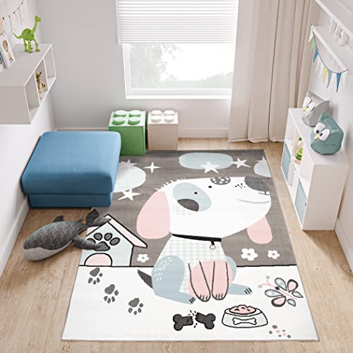 TAPISO Baby Teppich Kinderteppich Kurzflor Taupe Weiß Grau Rosa Blau Hund Sterne Himmel Hundehütte Schmetterling Kinderzimmer Modern 120 x 170 cm von TAPISO