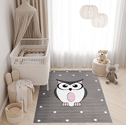 TAPISO Pinky Teppich Kurzflor Grau Rosa Weiß Modern Süße Eule Punkte Design Kinderzimmer Kinderteppich Spielteppich ÖKOTEX 120 x 170 cm von TAPISO