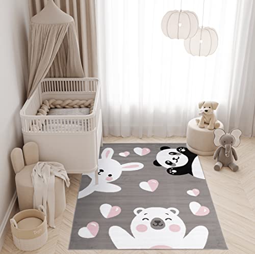 TAPISO Pinky Teppich Kurzflor Grau Schwarz Weiß Rosa Modern Panda Bär Teddy Eisbär Hase Tiere Design Kinderzimmer Kinderteppich ÖKOTEX 160 x 220 cm von TAPISO