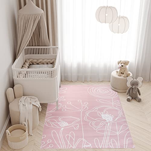 TAPISO Pinky Teppich Kurzflor Kinderteppich Kinderzimmer Pink Rosa Weiß Pastellfarben Modern Blumen Floral Spielteppich ÖKOTEX 140 x 200 cm von TAPISO