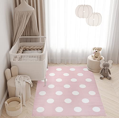 TAPISO Pinky Teppich Kurzflor Kinderteppich Kinderzimmer Rosa Weiß Pastellfarben Modern Geometrisch Kreise Punkte Spielteppich ÖKOTEX 180 x 250 cm von TAPISO