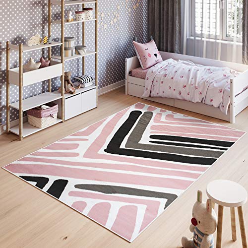 TAPISO Pinky Teppich Kurzflor Kinderteppich Kinderzimmer Rosa Weiß Schwarz Modern Geometrisch Streifen Zig Zag Spielteppich ÖKOTEX 160 x 220 cm von TAPISO