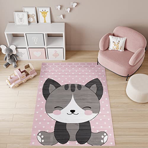 TAPISO Pinky Teppich Kurzflor Pink Weiß Grau Modern Katze Niedlich Herzen Design Kinderzimmer Kinderteppich Spielteppich ÖKOTEX 120 x 170 cm von TAPISO