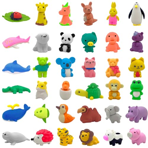 TARKDAK Radiergummi Kinder 36 Stück Radiergummi Lustig Tiere Set Mini Puzzle Spielzeug Radiergummi für Kinder Geburtstag Party von TARKDAK