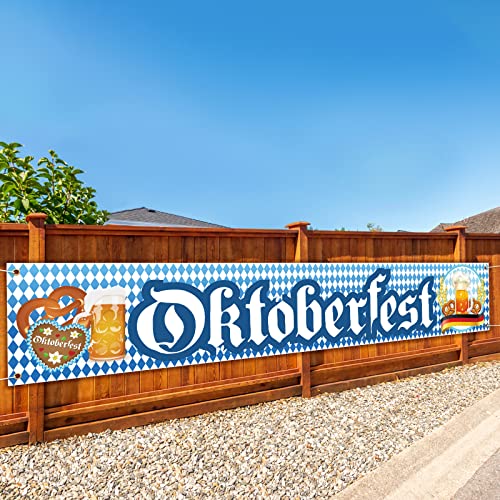 TAROME Oktoberfest Banner Deko Oktoberfest Outdoor Party Dekoration Bayrisch Wiesn Oktoberfestdeko blau mit weiße Girlande zum Aufhängen für Bierzelten Garten(50 x 300cm) von TAROME