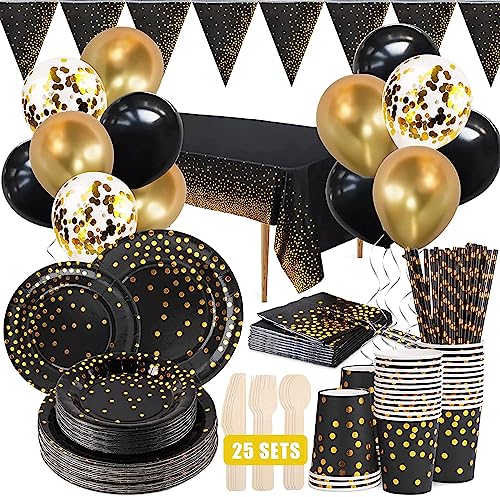 Partygeschirr Set,25 Gäste Geburtstag Party Geschirr,mit Luftballons,Pappteller,Papierbecher,Servietten,Goldfolie Punkt Für Partys,Hochzeiten,Jubiläen,Geburtstage von TAVADA