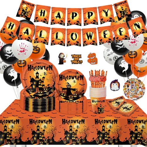 TAVADA 216pcs Halloween Partygeschirr set,Halloween Tableware Set für 25 Gäste,Halloween Geschirr Set,Deko Geschirr Set hat 7-9 Zoll-Essteller,Pappbecher,Aufkleber,Stroh und Ballon von TAVADA