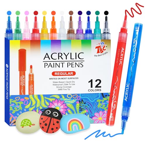 TBC The Best Crafts Acrylstifte Wasserfest, 12 Stück Steine Bemalen Stifte, Bunt Permanent Marker Glasmalstifte Satz für Holz, Leinwand, Glas, Papier, Keramik, Allerheiligen Geschenk von TBC The Best Crafts