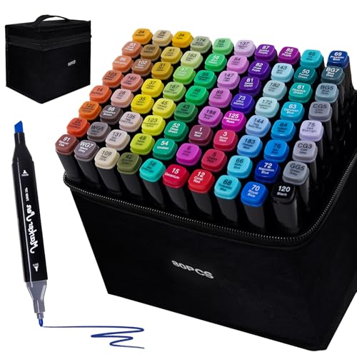 TBC The Best Crafts 80 Farben Alkohol Marker, Doppelseitiger Alcohol Marker Stifte Set, Schnell Trocknend und Permanenter Alkoholmarker set für Malerei, Design, Manga von TBC The Best Crafts