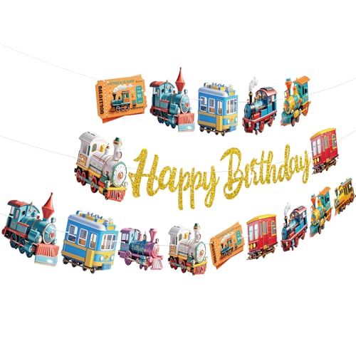 Zug-Party-Banner, 3 Stück, "Happy Birthday"-Girlande, Banner für Jungen und Mädchen, Motto-Babyparty, Geburtstagsparty-Zubehör Zug-Party-Banner, 3 Stück, "Happy Birthday"-Girlande, Banner für Jungen und Mädchen, Motto-Babyparty, Geburtstagsparty-Zubehör von TBEEJ