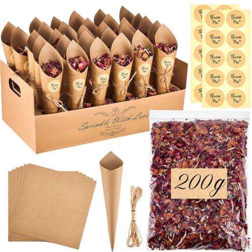 TBGJSYY 30Stk Konfetti Hochzeit Papier Kegel mit Kegelhalter,200g Getrocknete Natürliches Blüten Rose,Konfetti Kegelhalter für Geburtstag Tischdeko Party Geschenke Candy Schokolade von TBGJSYY