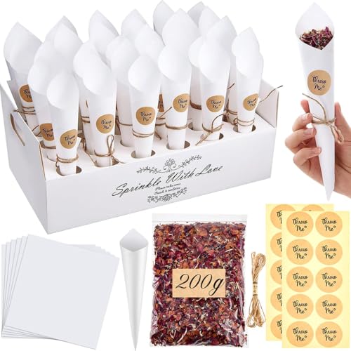 TBGJSYY 30Stk Konfetti Hochzeit Papier Kegel mit Kegelhalter,200g Getrocknete Natürliches Blüten Rose,Konfetti Kegelhalter für Geburtstag Tischdeko Party Geschenke Candy Schokolade von TBGJSYY