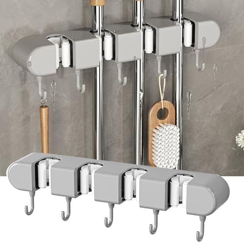 TBLMPNE Besenhalterung Wand, Stanzfreier Multifunktionaler Mopphalter mit Haken, Wandhalterung Besen Besenhalter, Besen Mop Halter Selbstklebend Werkzeughalter mit 4 Halter und 5 Haken (Grau) von TBLMPNE