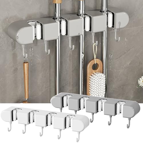 TBLMPNE Besenhalterung Wand, Stanzfreier Multifunktionaler Mopphalter mit Haken, Wandhalterung Besen Besenhalter, Besen Mop Halter Selbstklebend Werkzeughalter mit 4 Halter und 5 Haken (Grau + Weiß) von TBLMPNE