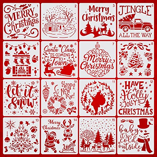 16 Stück Schablonen Weihnachten Zeichenschablonen Malschablonen aus Kunststoff Stencil Schablonen Wiederverwendbar für Scrapbooking Fotoalbum DIY Geschenkkarten Geschenke Weihnachten Kinder (B16PCS) von TBSCWYF