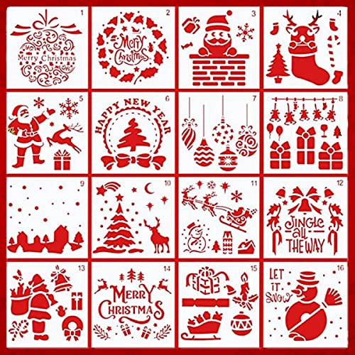 16 Stück Schablonen Weihnachten Zeichenschablonen Malschablonen aus Kunststoff Stencil Schablonen Wiederverwendbar für Scrapbooking Fotoalbum DIY Geschenkkarten Geschenke Weihnachten Kinder (A16PCS) von TBSCWYF