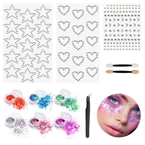 TBWBEC 12 Stück Glitzersteine Gesicht Haare Kit, Glitzer Gesicht Festival Zubehör, Glitzersteine Selbstklebend für Gesichts-make-up, Strasssteine Gesicht Glitzer Gel für Augen Körper Nägel von TBWBEC