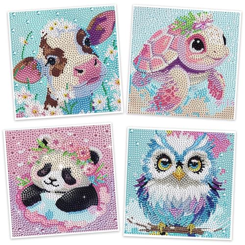 TBWBEC 4 Stück 5d diamant painting bilder kinder, 15x15cm diamond painting set mädchen, bastelset diamond painting für kinder, diamond painting tiere jungs ab 4-10 jahre, für Home Wanddekoration von TBWBEC