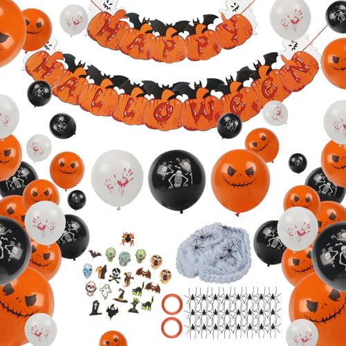 TBWBEC 91 Stück Halloween Girlande Deko Kinder, Helloween dekoration Set Indoor & Outdoor, Halloween Fledermaus Banner Kürbis Girlande, Luftballons mit Motiven, Spinnennetz und Künstlichen Spinnen von TBWBEC