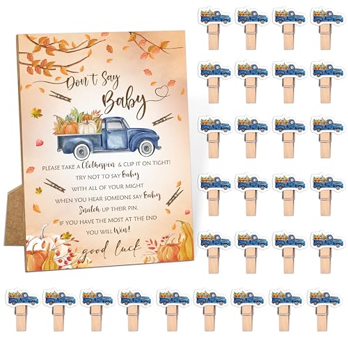 Blue Pumpkin Truck Don't Say Baby Shower Spiel, 14 x 20 cm, Schild "Don't Say Baby" und 50 LKW-Wäscheklammern, geschlechtsneutrale Babyparty-Dekorationen, Geschlechtsoffenbarungsdekoration, von TCJIU