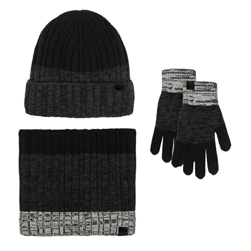 TDEOK Frauen & Männer Winter Warme Niedliche Wolle Hut Schal Handschuhe DREI Stücke Winter Schnee Strickmütze Bildschirm Fäustlinge Schals Sets Mütze Und Schal Damen (Black, One Size) von TDEOK