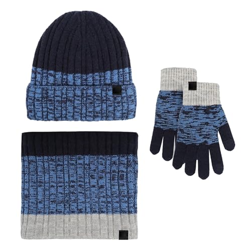 TDEOK Frauen & Männer Winter Warme Niedliche Wolle Hut Schal Handschuhe DREI Stücke Winter Schnee Strickmütze Bildschirm Fäustlinge Schals Sets Mütze Und Schal Damen (Navy, One Size) von TDEOK