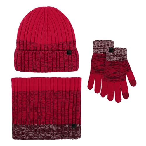 TDEOK Frauen & Männer Winter Warme Niedliche Wolle Hut Schal Handschuhe DREI Stücke Winter Schnee Strickmütze Bildschirm Fäustlinge Schals Sets Mütze Und Schal Damen (Red, One Size) von TDEOK