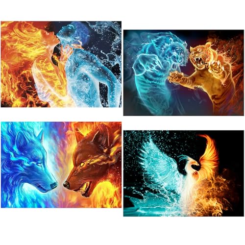 TDFERAN/30x40CM 4 Stück 5D Diamond Painting Liebhaber Eis und Feuer, DIY Kristall Stickerei Malerei Phönix, Diamant Malerei Wolf Malen Nach Zahlen Tiger, Mosaik Kunsthandwerk Haus Dekoration von TDFERAN