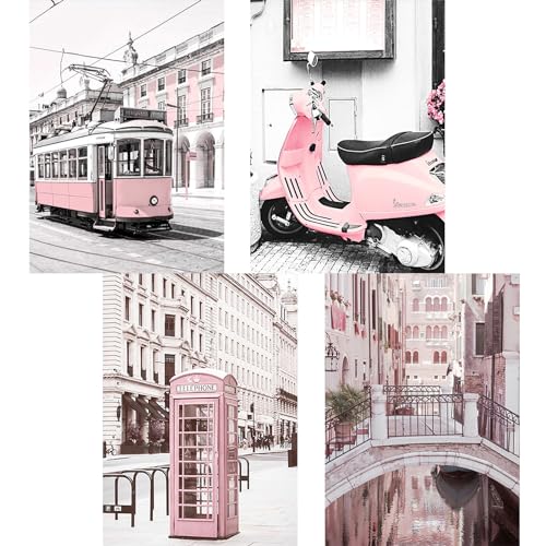 TDFERAN/30x40CM 4er Set Diamond Painting Rosa Stadt, Telefonzelle Diamant Painting Bilder Bus,DIY Cross Stickerei Malerei Motorrad, für Wohnzimmer Schlafzimmer Büro Wand Dekoration von TDFERAN