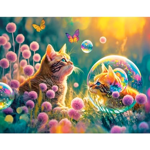 TDFERAN/50x40CM Rund Diamond Painting Katze und Löwenzahn, 5D Diamant Painting Bilder Schmetterling Erwachsene mit Zubehör, DIY Kristallhandwerk, Kinderzimmer Wanddekoration für zu Hause von TDFERAN