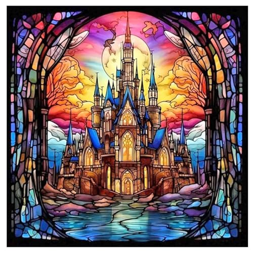 TDFERAN 40 x 40 cm Diamond Painting Schloss, Diamant Boderie Diamant Feenburgen, 5D Stickerei Diamanten, Schloss, bunte Fenster, Diamantmalerei für Kirchen, Gothic von TDFERAN