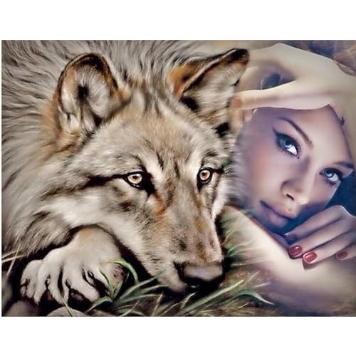 TDFERAN 50 x 40 cm 5D Diamant Malerei für Damen und Wolf, Diamond Painting Gesicht Frau, Quadratisch Kreuzstich Strass Diamant Stickerei Wilde Tiere, für Wanddekoration/Festival Geschenke von TDFERAN