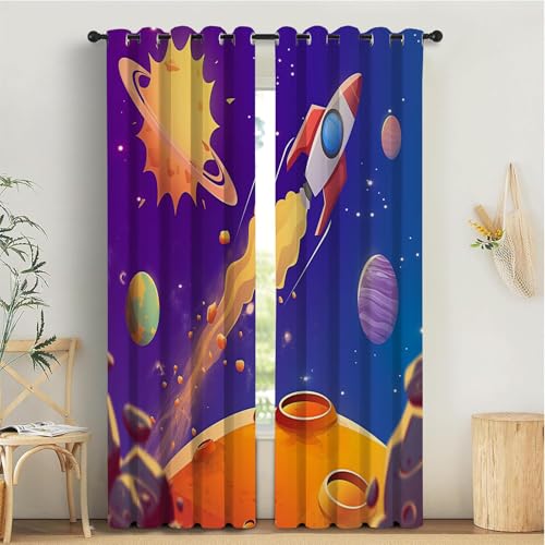 TDNEKMCA Blickdichte Vorhänge Cartoon Rakete Planet Muster Verdunkelungsvorhänge mit Ösen Thermovorhang Hitzeschutz Gardinen für Wohnzimmer Schlafzimmer 2er Set, H245 x B140 cm von TDNEKMCA