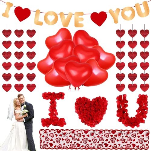 Valentinstag Dekoration Set, Rot Romantische Deko, 1000 Rosenblätter Love Luftballons Herzen hängende Girlande Liebe Dich Banner und Tischläufer aus Roter Spitze für Valentinstag Hochzeit Deko von TDTOD