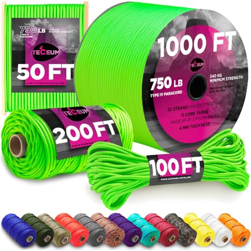 TECEUM Paracord Typ IV 340.2 kg schwarz,50 ft,4 mm,100% Nylon,Starke Taktische MIL-SPEC Fallschirmschnur,Überlebensseil Notfallschnur,11 Stränge Kern (Neon Green, 1000 ft) von TECEUM