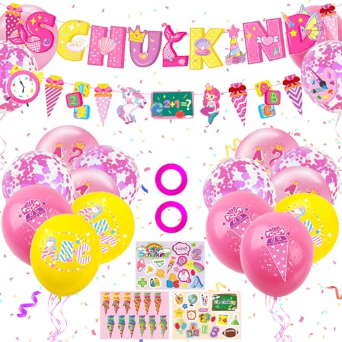 TECHEEL 50pcs Einschulung Deko Mädchen 2024 Rosa Einhorn Schulanfang Deko Schulkind Girlande Schulanfang Ballons Einschulung Luftballon Mädchen Schuleinführung Deko Geschenk Einschulung Mädchen von TECHEEL