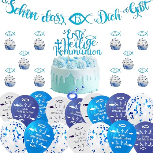 Kommunion Deko Jungen Ballon Kommunion Luftballons Jungen Konfirmation Luftballon Blau Erstkommunion Deko Ballons Fische Deko Luftballons Girlande Tortedeko Taufe Girlande Deko Blau für Jungen von TECHEEL