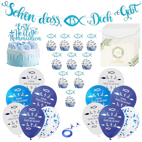 TECHEEL Kommunion Deko Jungen Ballon Kommunion Luftballons Jungen Konfirmation Luftballon Blau Erstkommunion Deko Ballons Fische Deko Luftballons Girlande Tortedeko Taufe Girlande Deko Blau für Jungen von TECHEEL