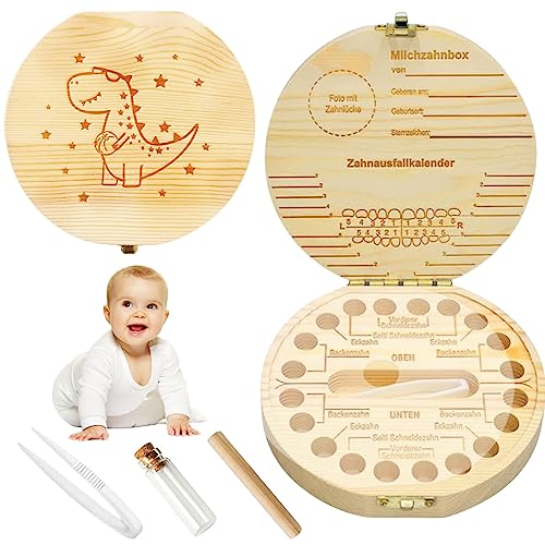 TECHEEL Zahnbox aus Holz, Dinosaurier Zahnschachtel, Zahnbox für Milchzähne, Milchzahndose, Aufbewahrungsbox für Baby-Zähne,Zahnbox Holz Milchzähne Box, Milchzahndose Souvenir Box- Dinosaurier von TECHEEL