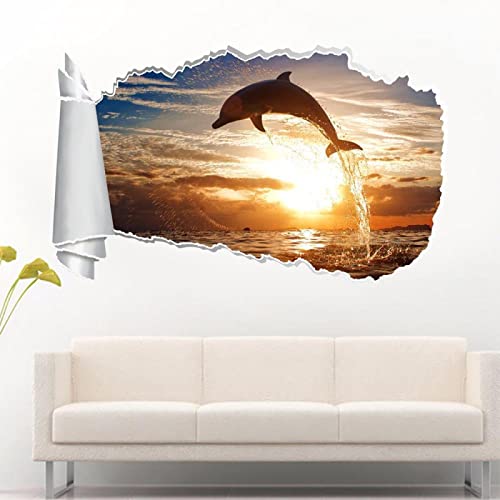 Wandtattoo Rissig DIY Fototapete Delfin Sonnenuntergang 3D Zerrissenes Loch Zerrissener Wandaufkleber Aufkleber Dekor Wandbild Kunst Fisch 60x90CM von TECKI