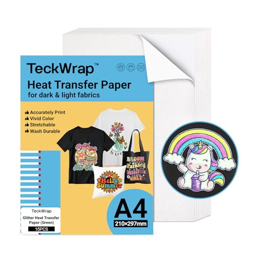TECKWRAP Bedruckbares Wärmetransferpapier für T-Shirts, 15 Blatt, 21,1 x 29,7 cm, bedruckbares Wärmetransfer-Vinyl für Tintenstrahldrucker, Transferpapier zum Aufbügeln für helle und dunkle Stoffe von TECKWRAP