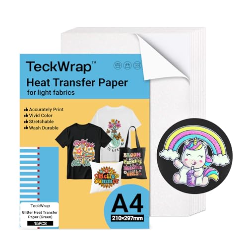 TECKWRAP Bedruckbares Wärmetransferpapier für T-Shirts, 15 Blatt, 21,1 x 29,7 cm, bedruckbares Wärmetransfer-Vinyl für Tintenstrahldrucker, Transferpapier zum Aufbügeln für helle Stoffe (Glitzer-Grün) von TECKWRAP