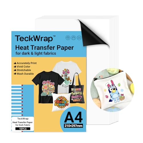 TECKWRAP Bedruckbares Wärmetransferpapier für T-Shirts, 15 Blatt, 21,1 x 29,7 cm, bedruckbares Wärmetransfer-Vinyl für Tintenstrahldrucker, Transferpapier zum Aufbügeln für helle und dunkle Stoffe von TECKWRAP